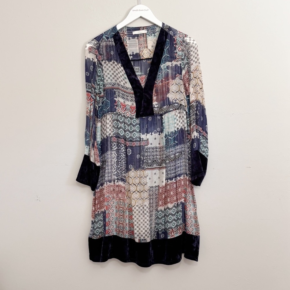 BACI Women’s Blue Silk & Velvet Patchwork Long Sleeve Dress V-Neck Italy Size L